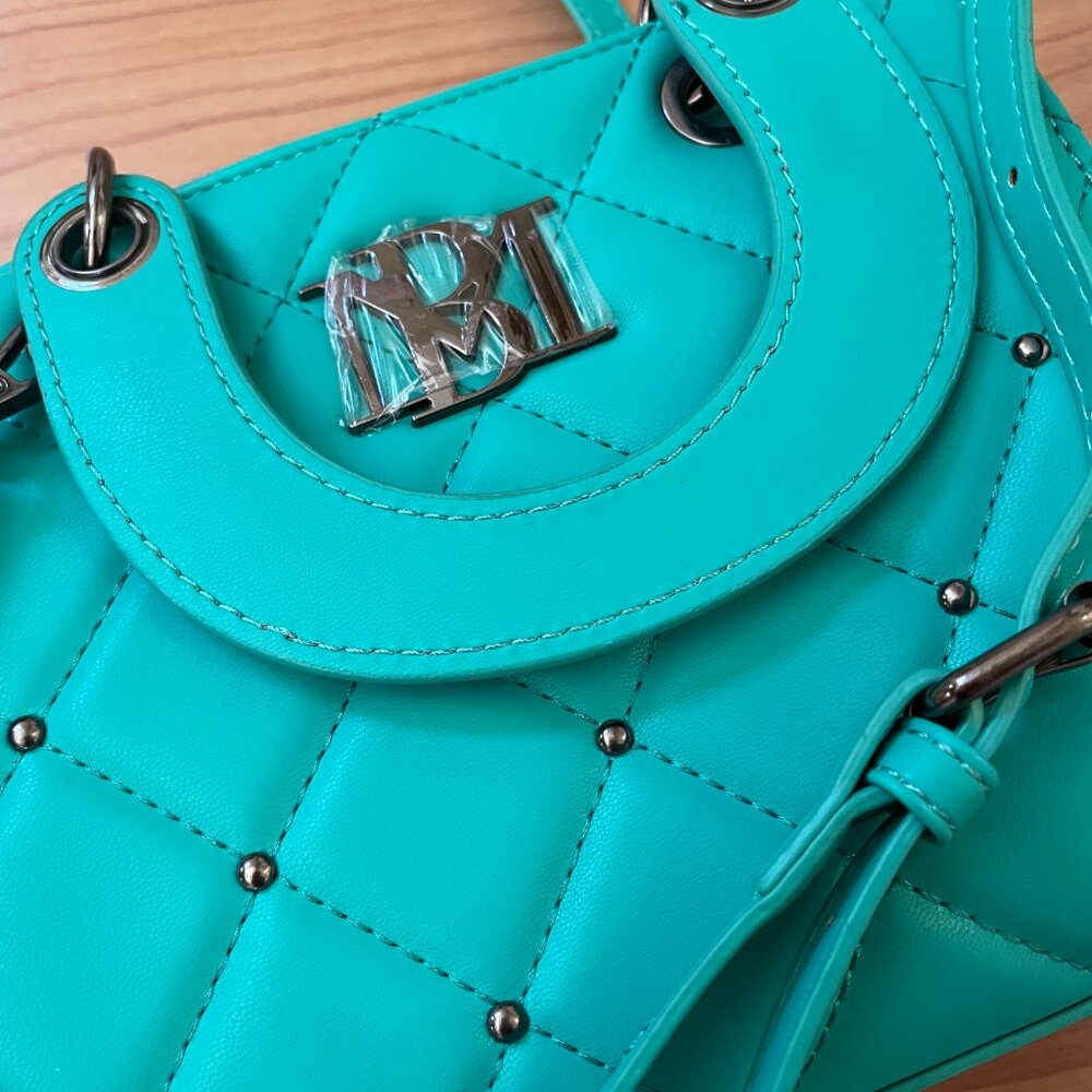 FIRM. $129 Badgley Mischka Diamond Purse, Vegan Leather Studded Branded Gunmetal - Picture 3 of 14